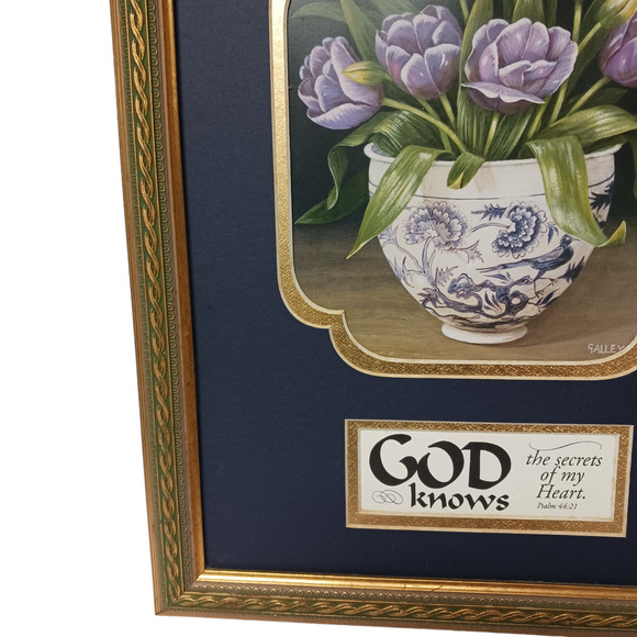 Christian Scripture Framed Picture Purple Floral Tulips Ps 44:21 Inspirational - Picture 7 of 13